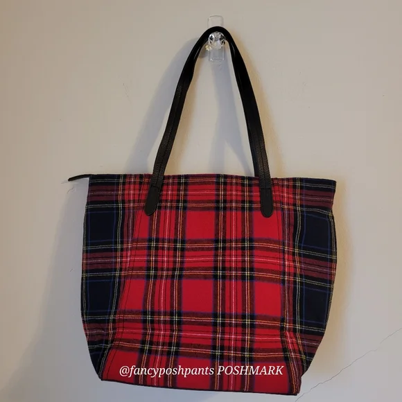 ❤J JILL real LEATHER trim 100% cotton plaid NWOTzipper, interior pocket tote bag - Picture 12 of 16